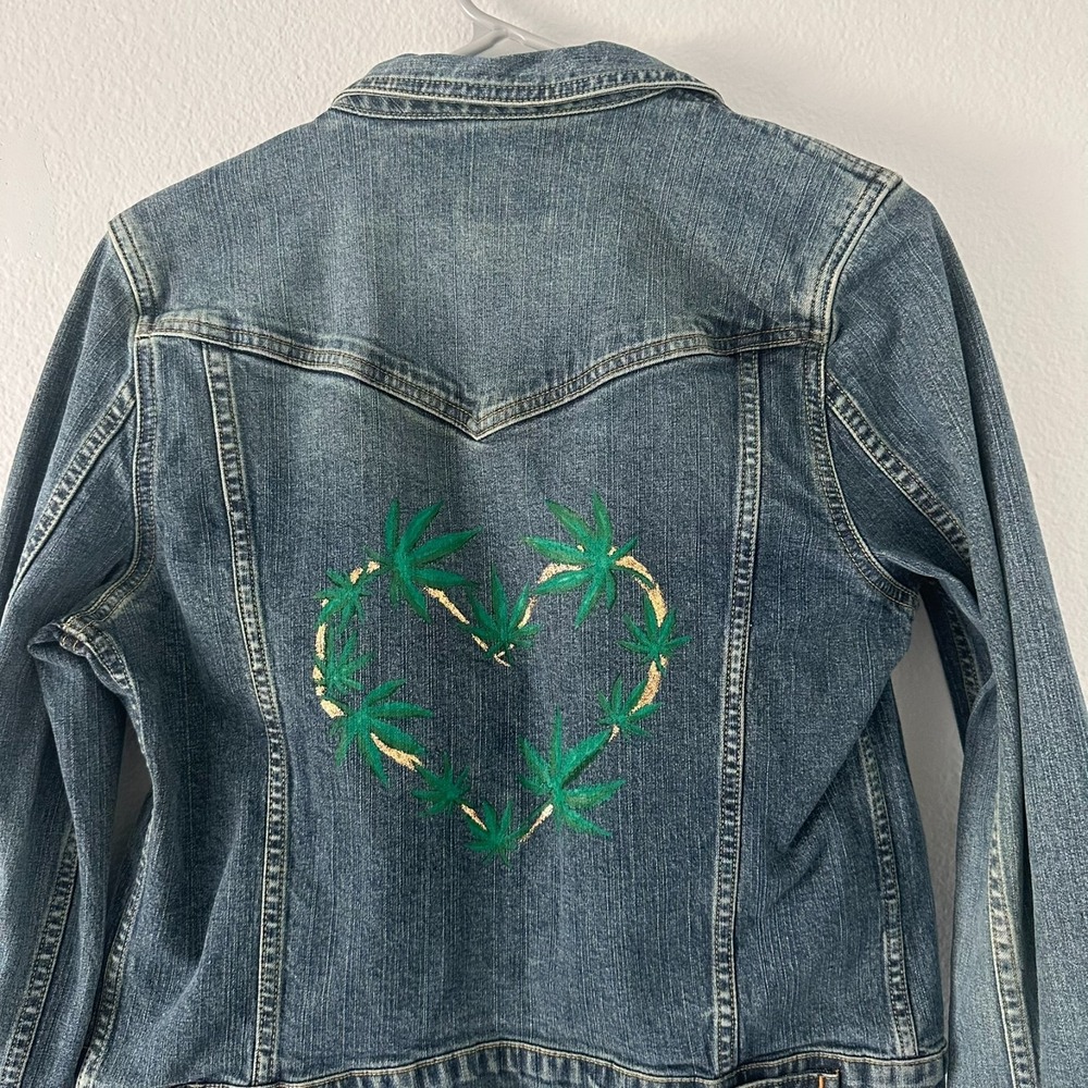 Abercrombie Fitch Size (M) Women Jacket Blue Denim Cropped Heart‎ Graffiti Art